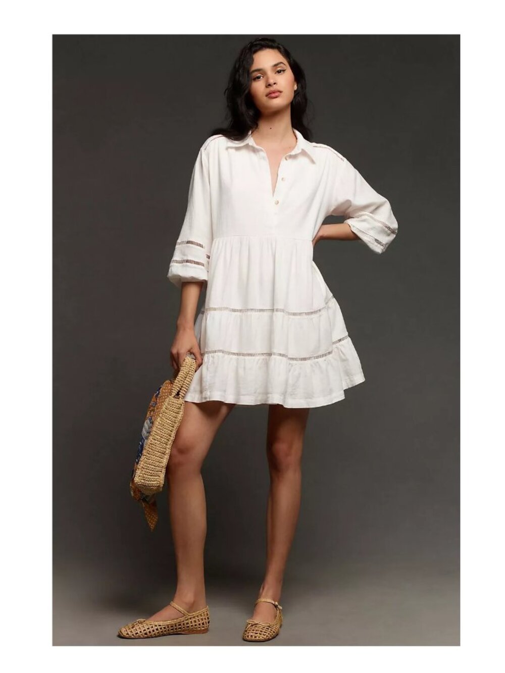 Maeve The Bettina Tiered Mini Shirt Dress Linen / Small / Pearl Anthropologie